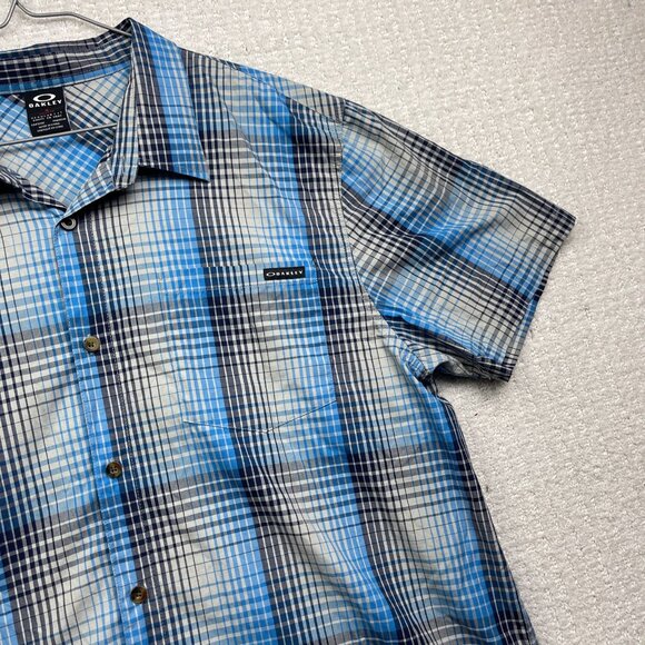 Y2K Oakley Blue Plaid Short Sleeve Button Down Shirt Mens 2XL Regular Fit - Picture 4 of 15